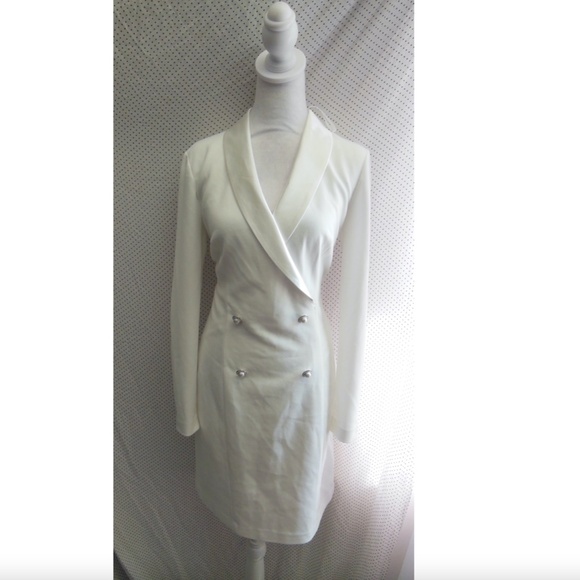 NEW ELIZA J White CREPE Tuxedo BLAZER Satin LAPEL Pearl Button SHEATH DRESS 8 - Picture 6 of 10